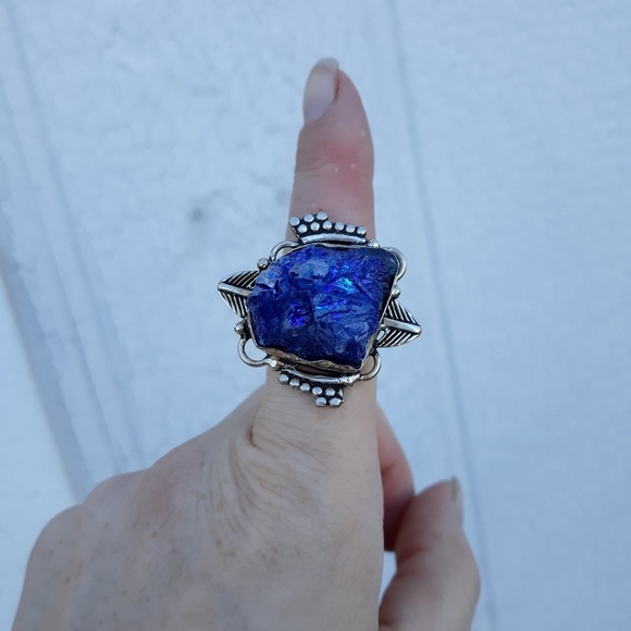 New Blue Titanium Crystal Agate Druzy 925 Silver Ring. - Picture 6 of 8